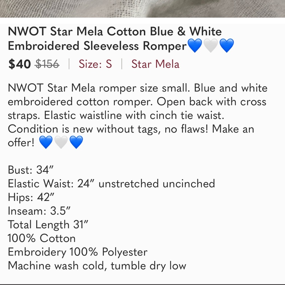 NWOT Star Mela Cotton Blue & White Embroidered Sleeveless Romper💙🤍💙 - Picture 14 of 14